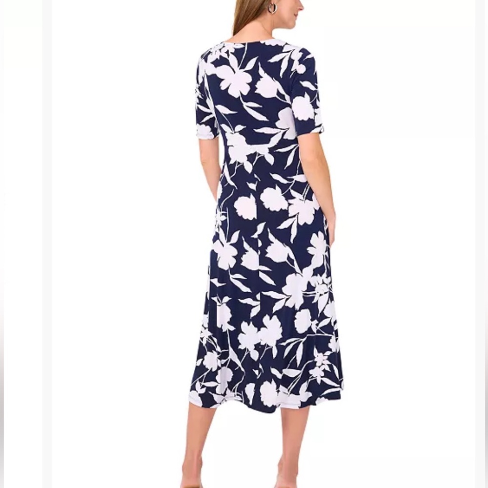 MSK Twist Front Navy Blue Floral V-Neck Midi Dress Sz Med NWT - Picture 3 of 11